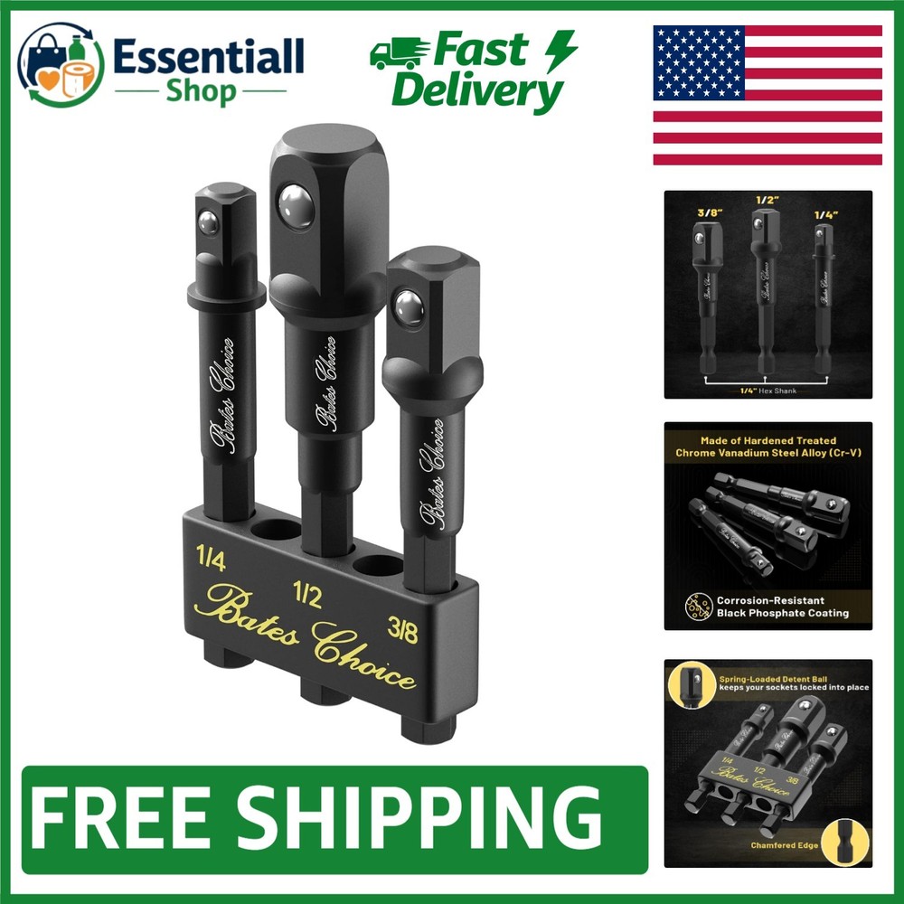 Bates 3-Piece Socket Adapter Set: Adapt Your Drill to 1/4", 3/8", & 1/2" Sizes