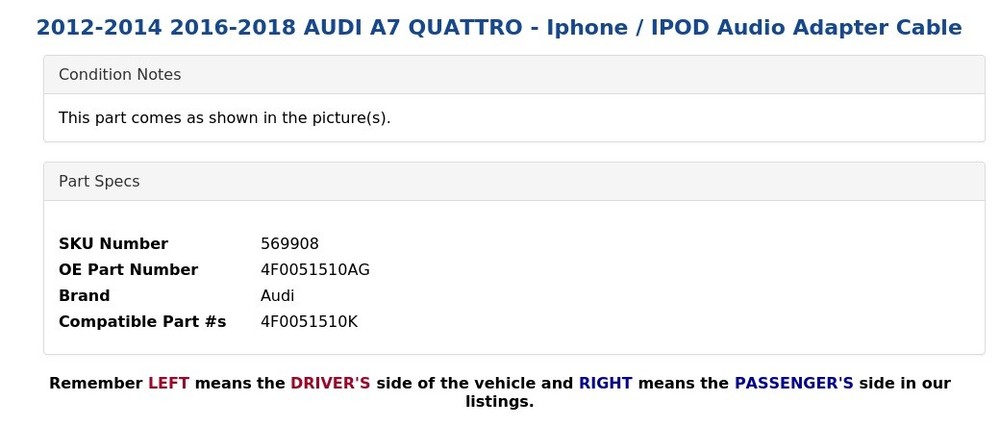2012-2014 2016-2018 AUDI A7 QUATTRO - Iphone / IPOD Audio Adapter Cable