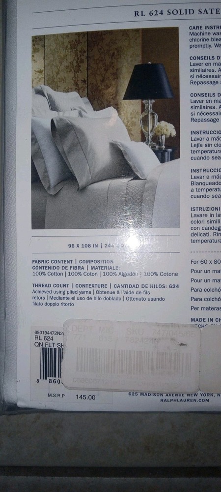 Ralph Lauren RL 624 Solid Sateen Deco White Queen Flat Sheet $145