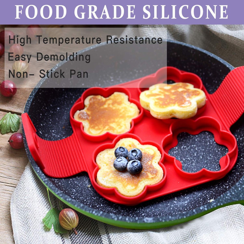 Pancake Making Mold Fried Egg Mold Reusable Silicone Pancake Maker with 4 Cav...