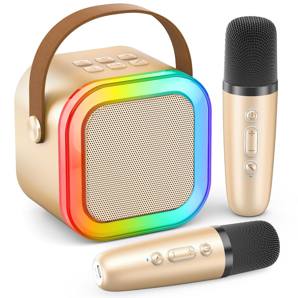 Mini Karaoke Machine, Gold, 2 Wireless Mics, Bluetooth Speaker, Kids, Adults