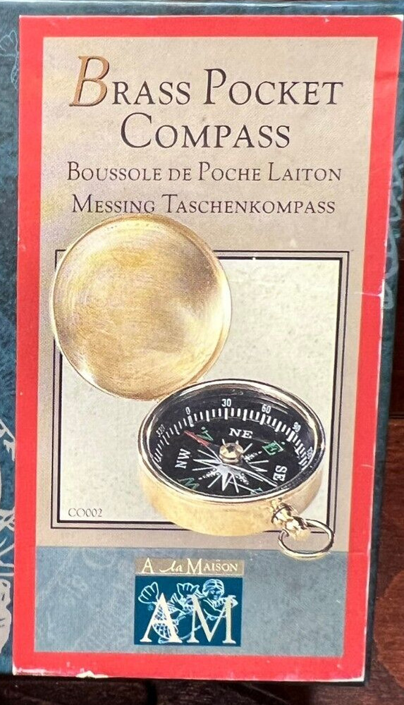 VINTAGE-Brass Pocket Compass a la maison - 0RIGINAL BOX !