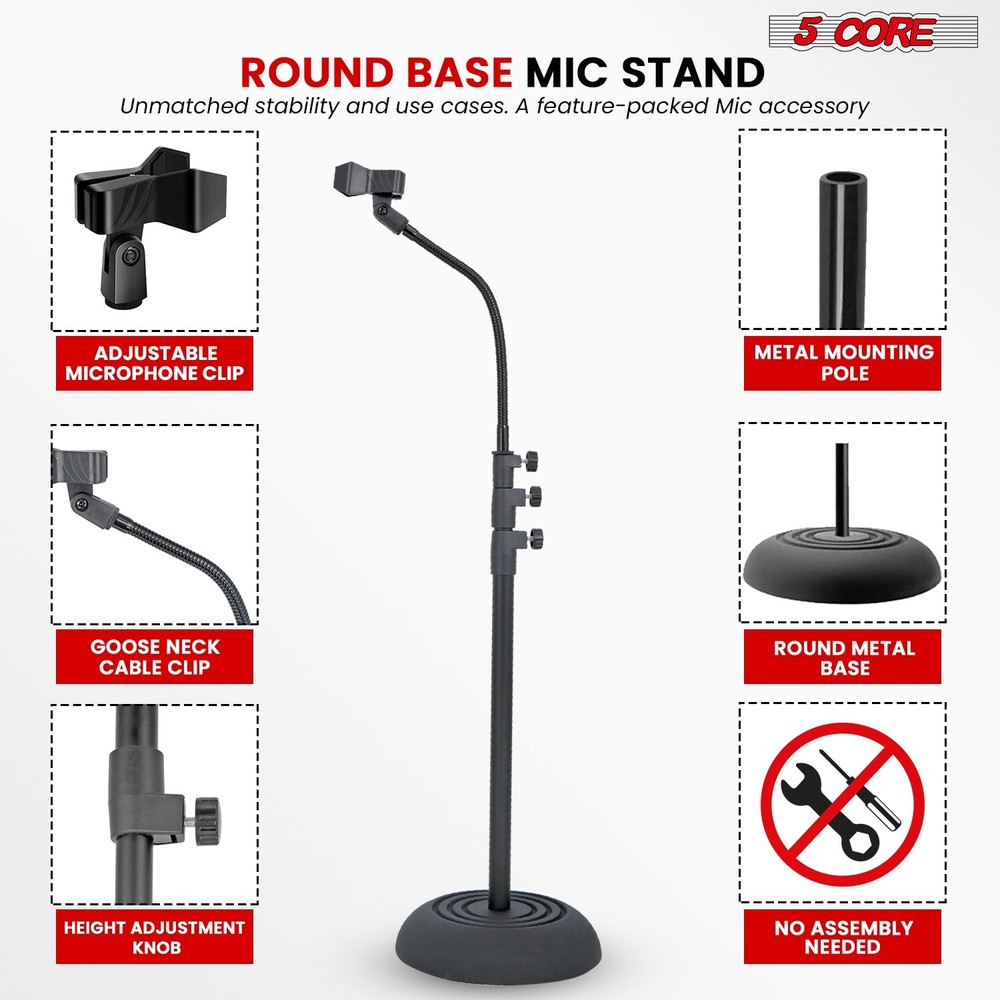 5Core Mic Stand Floor Adjustable Round Base Universal Metal Microphone Stands