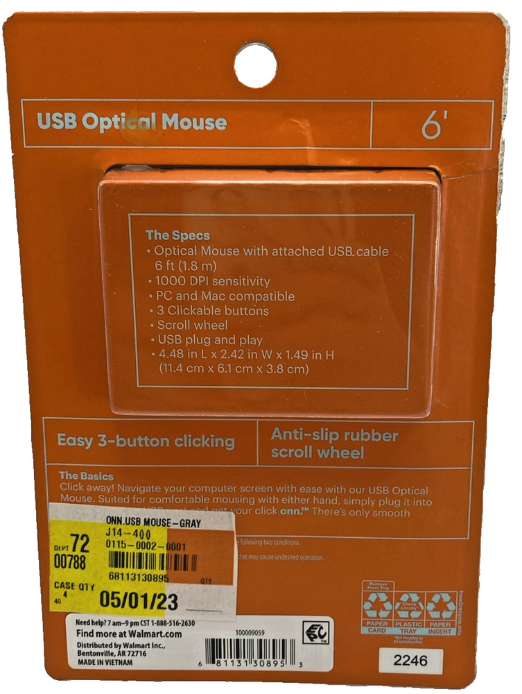 Surf Onn Optical Mouse Scroll Wheel 3-Button Black 6' USB Wired Plug & Play