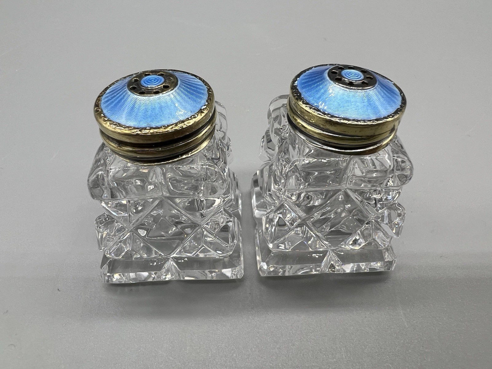 2 VTG Norway Sterling Silver Blue Guilloche Lids & Glass Salt Pepper Shakers