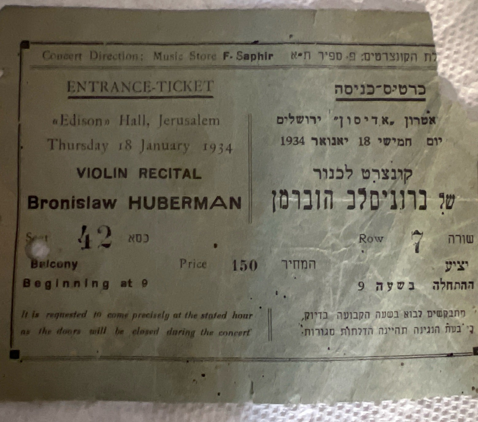 1934 Ticket Bronislaw Huberman Violin Recital Philharmonic Orchestra Vienna