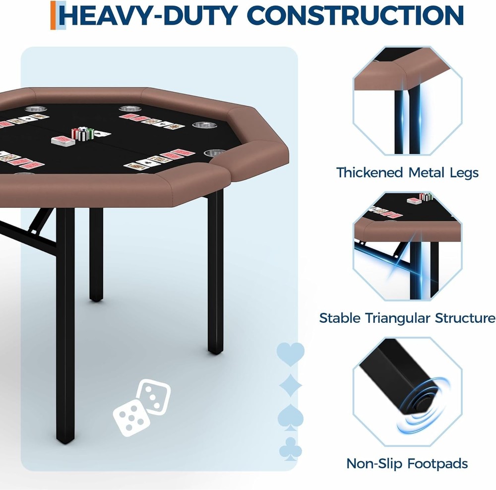 Complete 8-Player Poker Set: Foldable Octagon Table W/ Padded Rail & Cup Holder