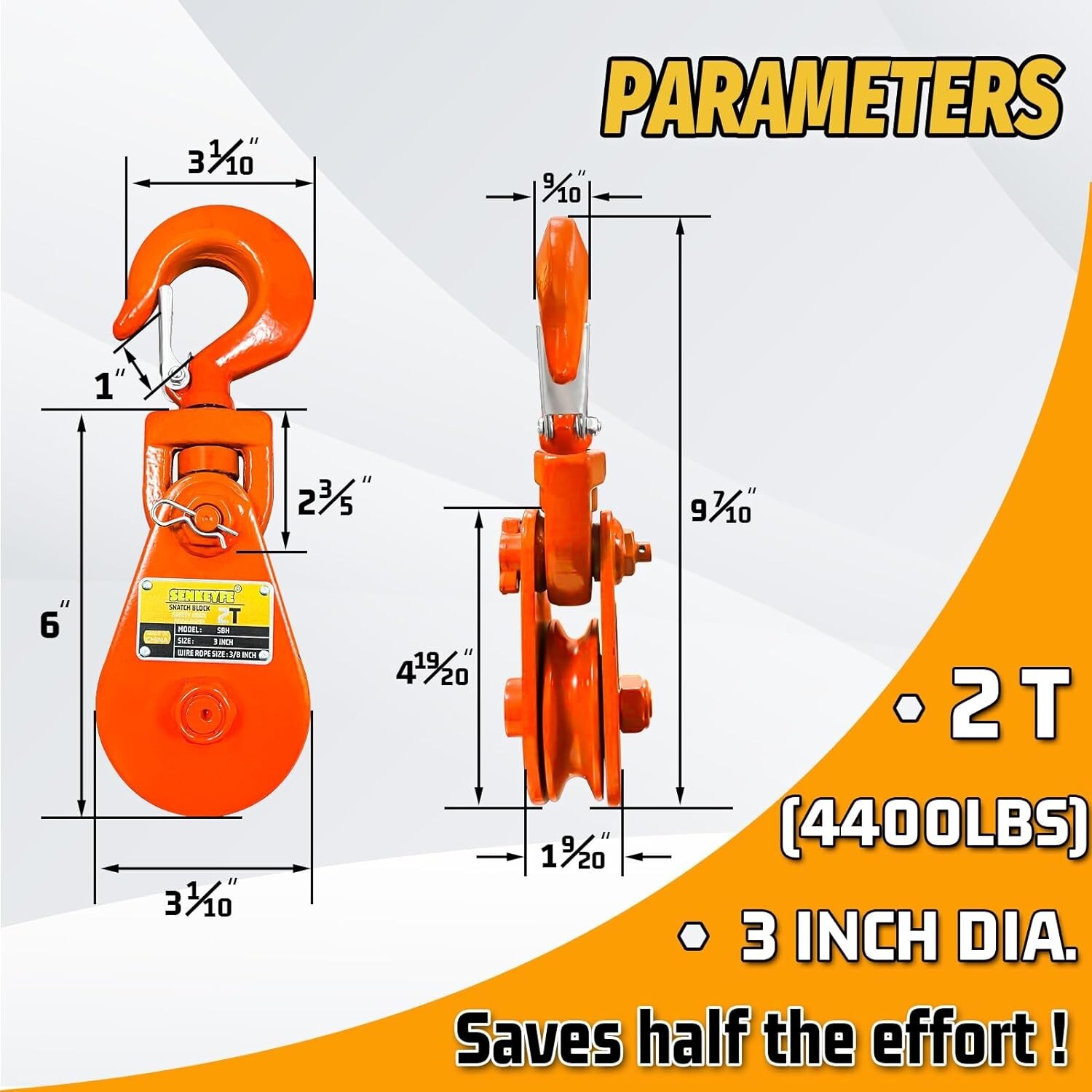 2 Ton Snatch Block with Hook, 3" Sheave for 3/8" Inch Wire Rope, 4400lbsfor Tow