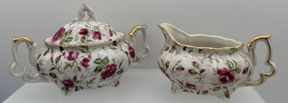 Vintage Lefton Mini Creamer & Sugar Set Pink Roses Gold Trim
