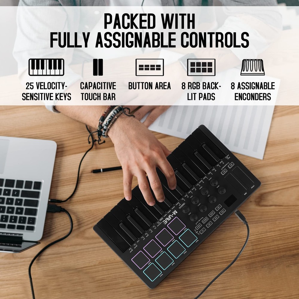 25 Key USB MIDI Keyboard Controller With 8 Backlit Drum Pads, Bluetooth Semi ...