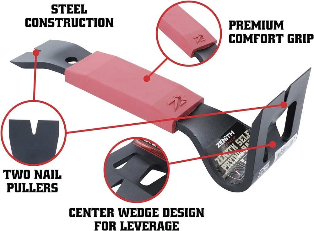 Zenith 10" Self-Prying Pry Bar - Lightweight Demolition Tool with Nail Pullers