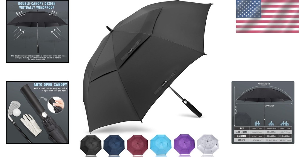 Large 62 Inch Black Golf Umbrella - Wind-Resistant & Automatic Opening Design