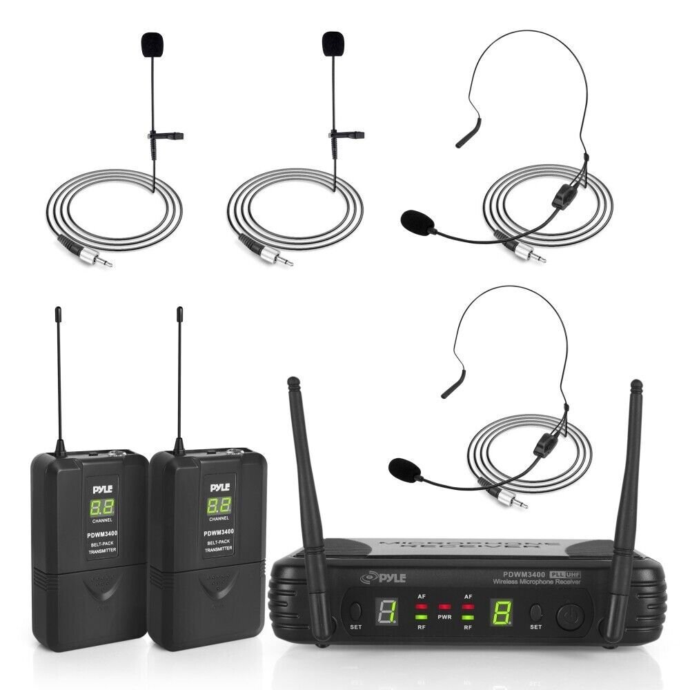Pyle UHF Wireless Microphone System 2 Lavalier 2 Headset Microphones - Black