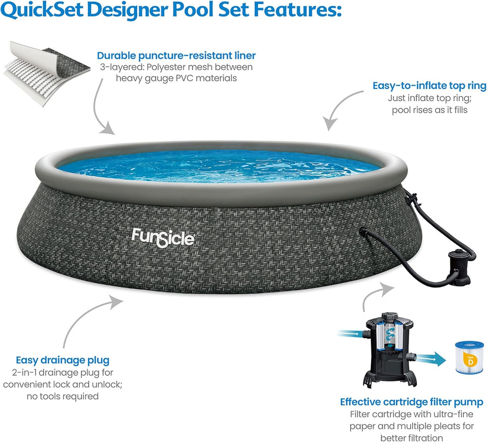 Quickset 15ft Inflatable Above Ground Pool with Easy Setup Filter Pump