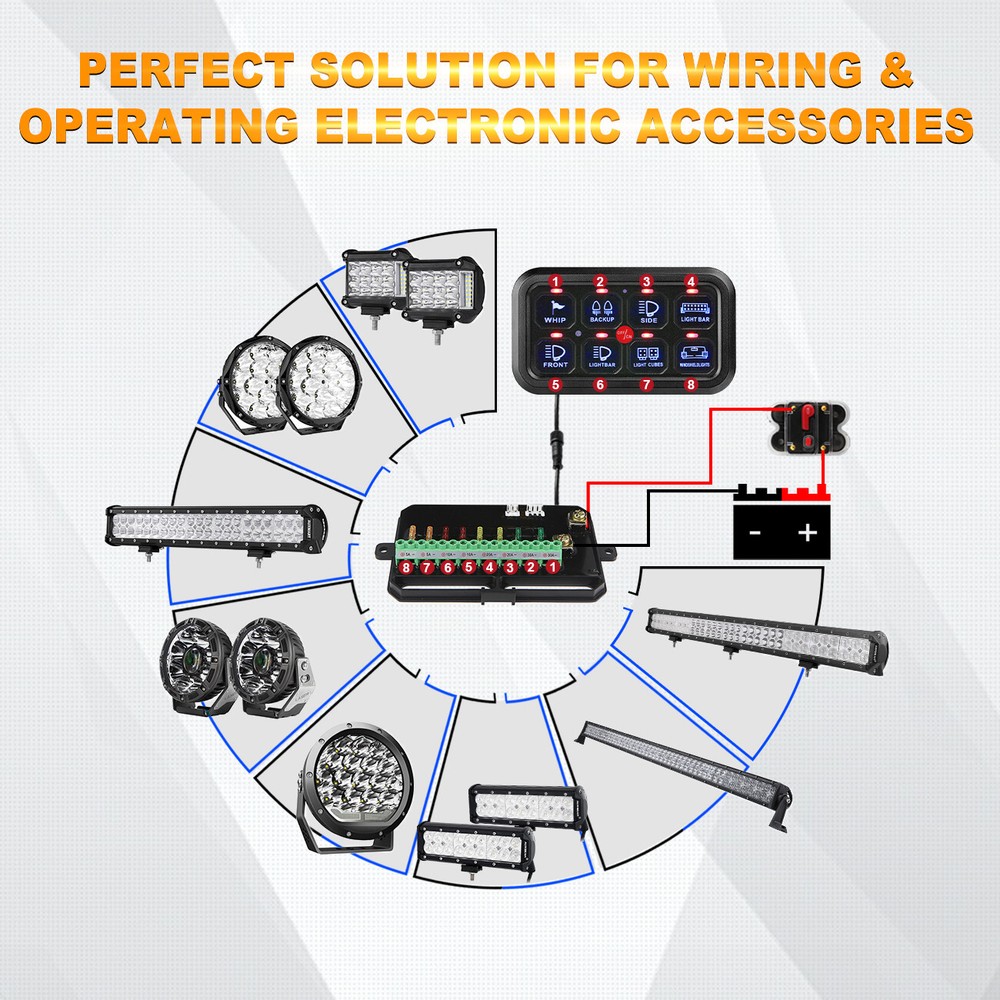 AUXBEAM 8 Gang Switch Panel LED Whip Light Toggle System Control ATV UTV 4WD 12V