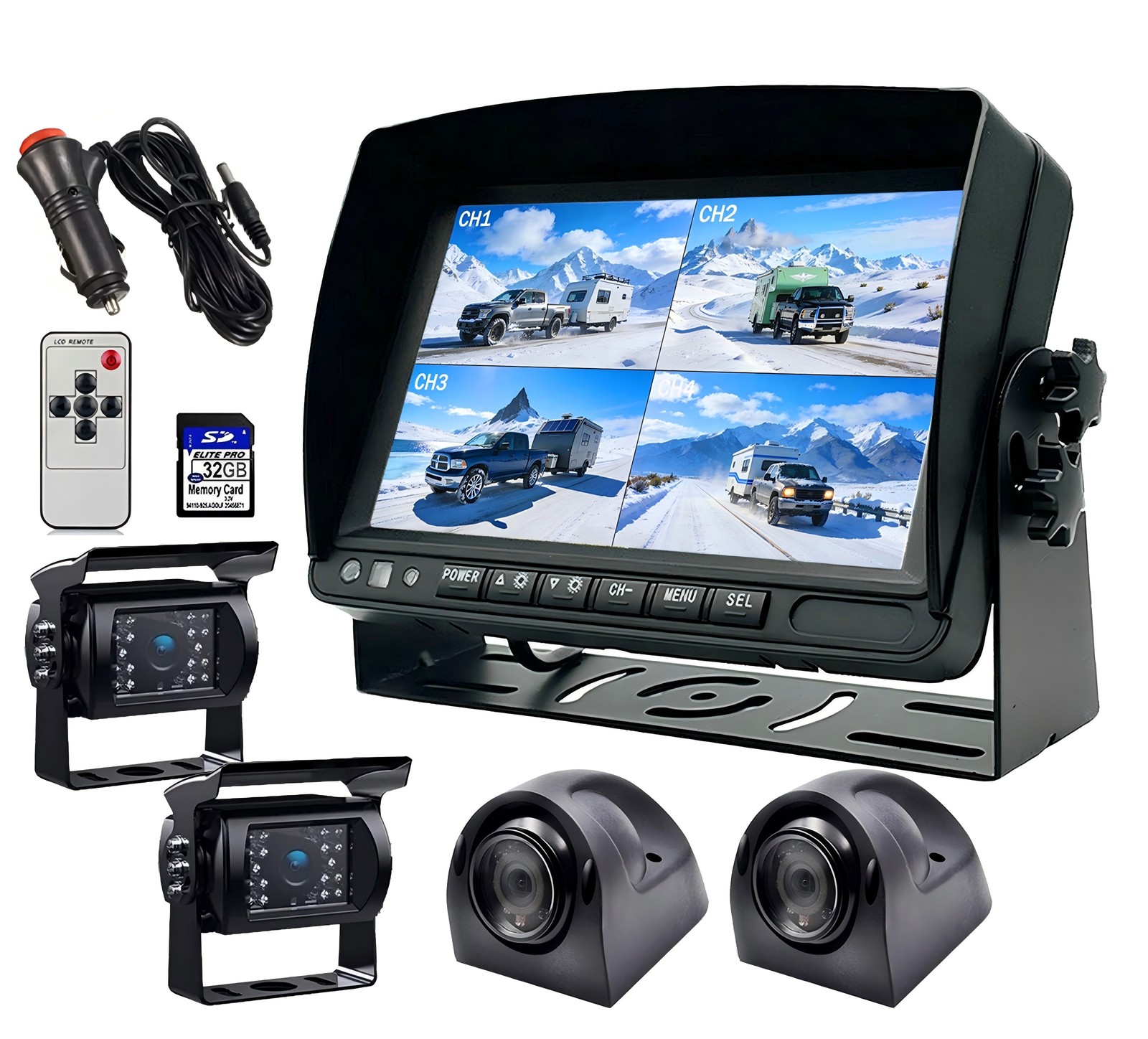 Panorama 9" QUAD Monitor DVR 4x 1080P Backup Cameras + for RV Truck Trailers