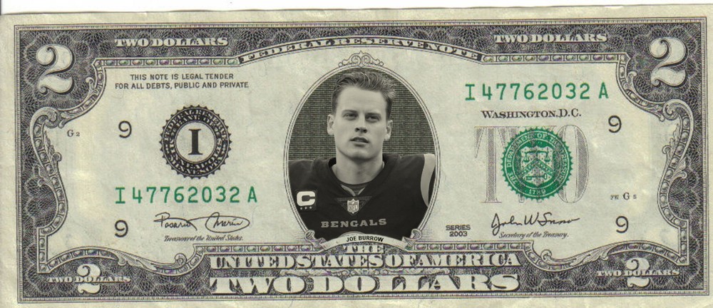 Bengals Joe Burrow $2 Dollar bill Mint real