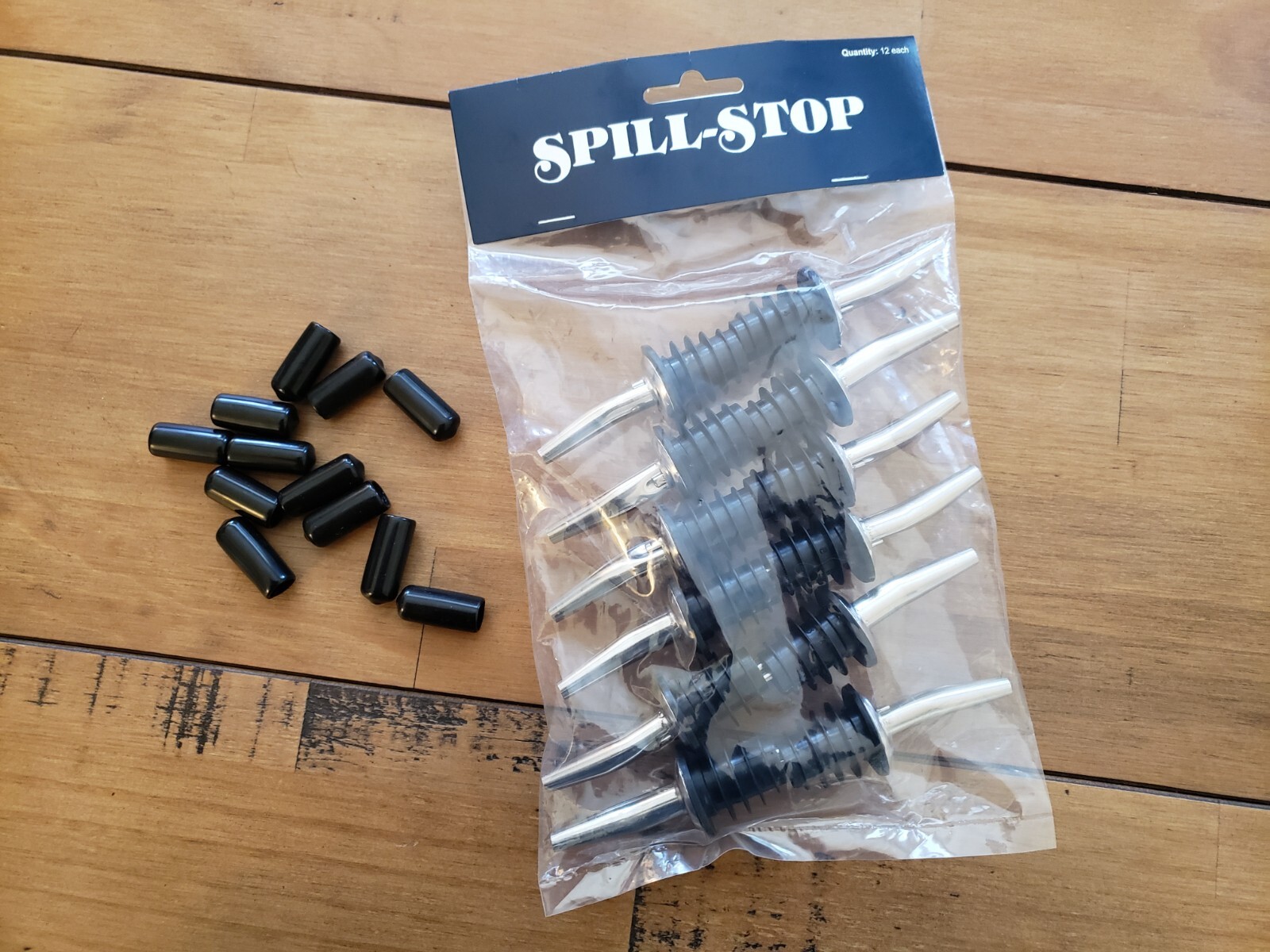 12 Metal POUR SPOUTS & DUST CAPS Stainless Liquor, Syrup & Oil Bottle Pourers