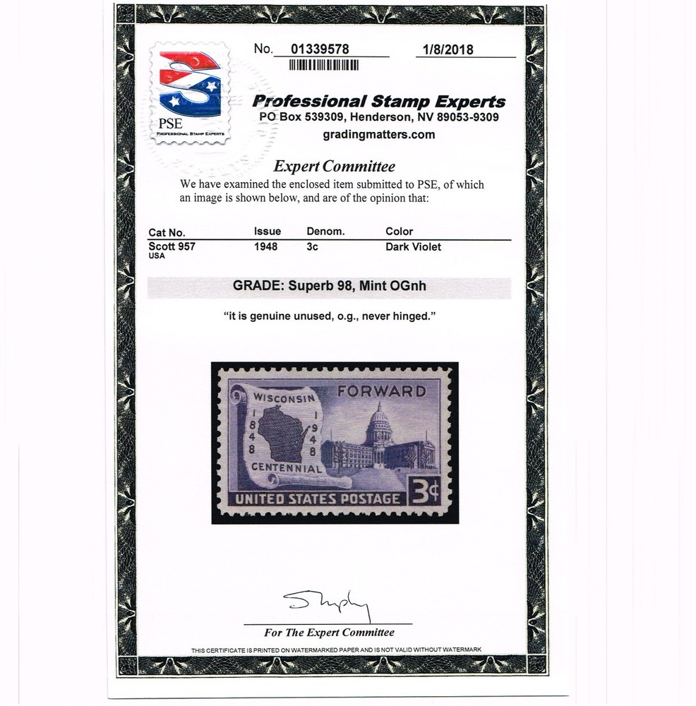 EXCEPTIONAL GENUINE SCOTT #957 MINT PRISTINE OG NH PSE CERT GRADED SUPERB 98