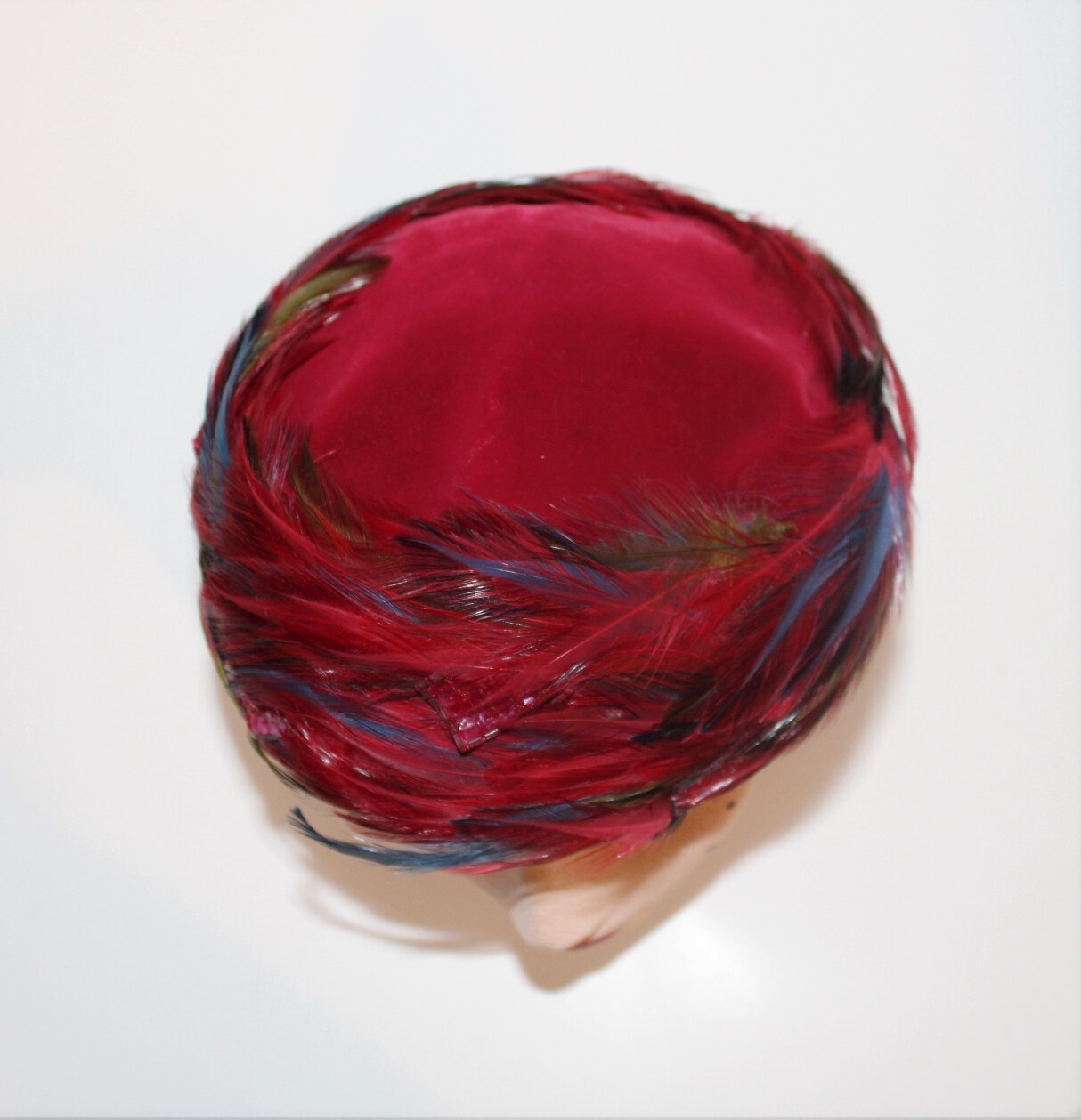 VTG Modern Miss Feather Pillbox Hat Velvet Multi-Color Cranberry Sequin Women's