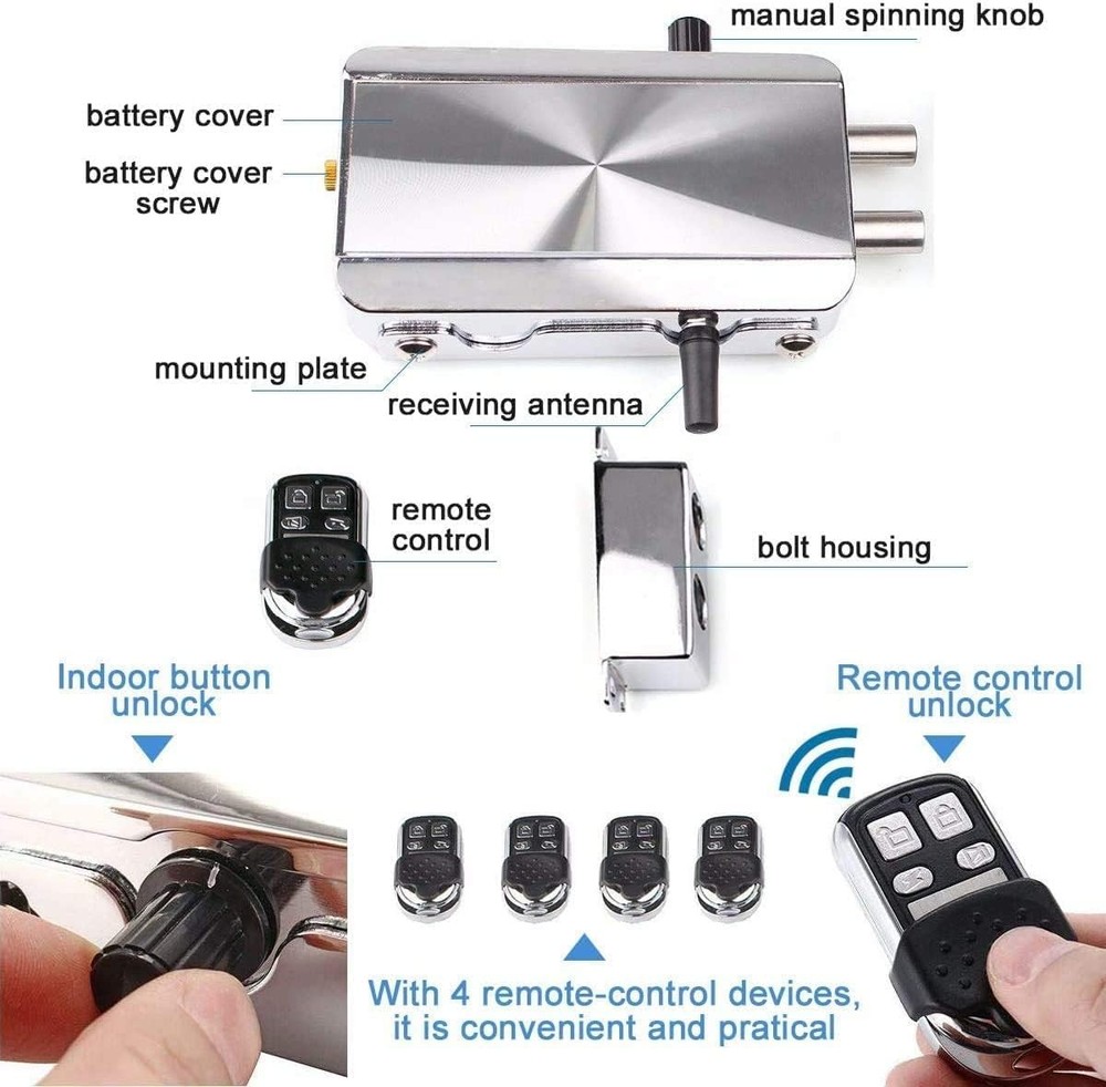 Remote Control Smart Door Lock, Wireless Keyless Deadbolt with 4 Remotes