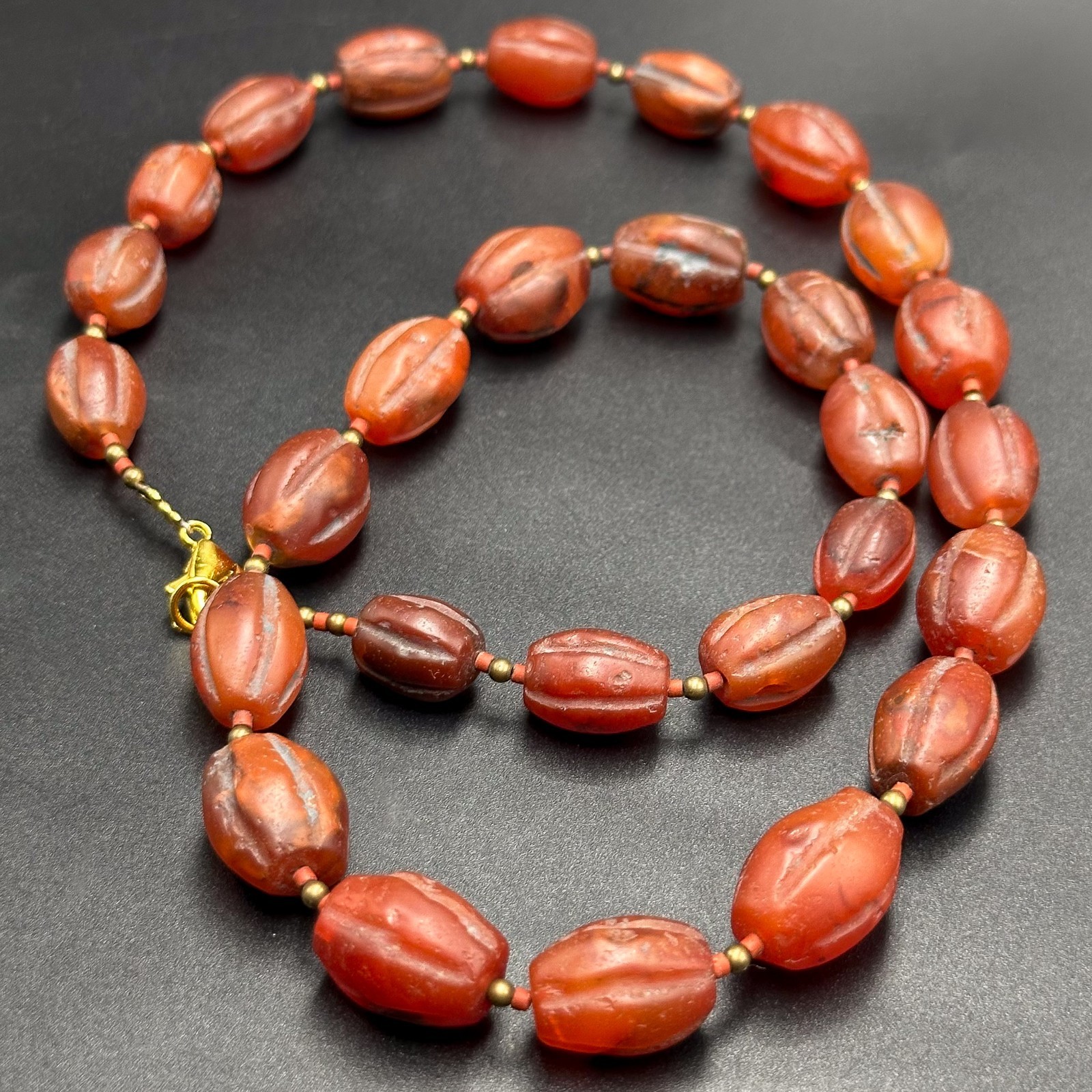 Vintage Himalayan Tibetan Carnelian Carved Agate Oval Shape Beads Necklace Mala