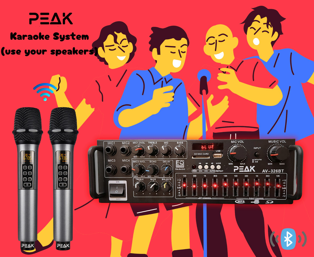 PEAK Karaoke Amplifier with Bluetooth & 2 Wireless Mics with ECHO and VOLUME