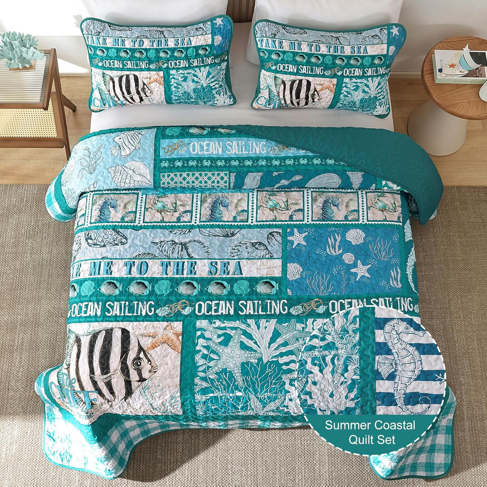 Coastal King Size Quilt Set 3PC Reversible Lightweight Ocean Patchwork Bedspread