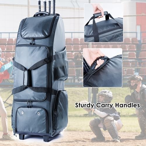 Upgraded Rolling Baseball Bag with Sturdy Hard Backing - Large Softball Bag with