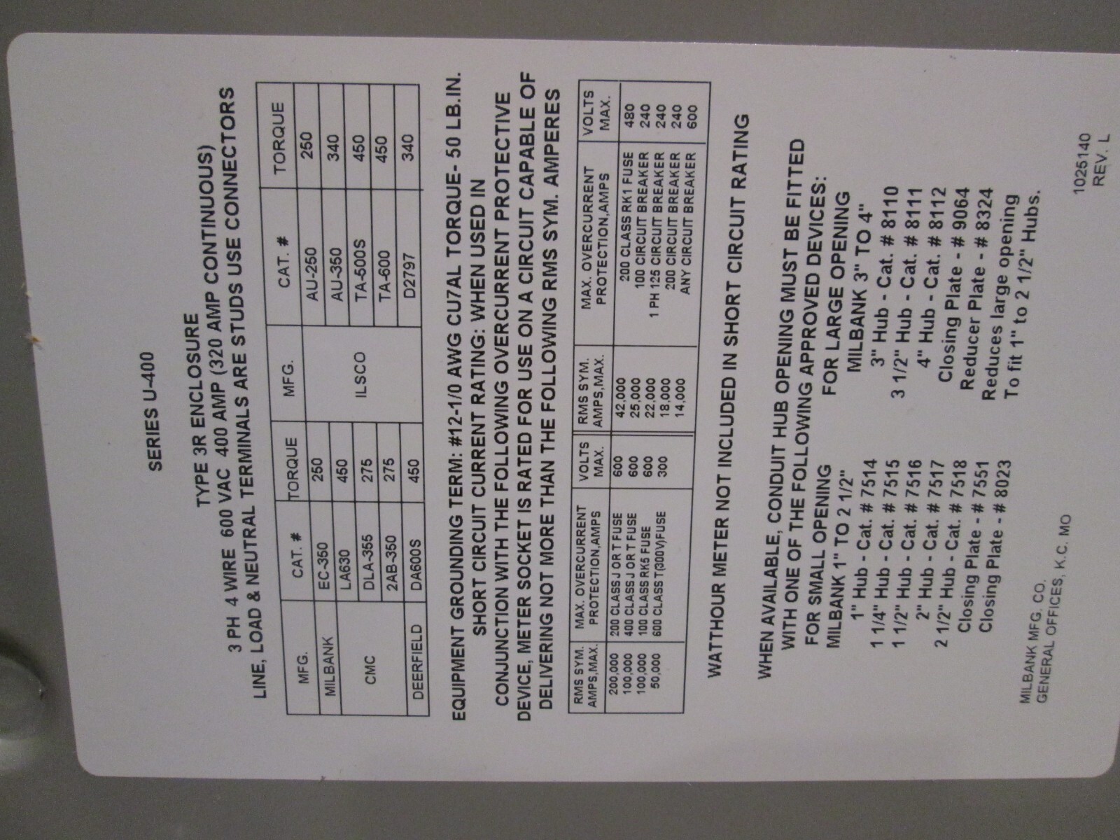 MILBANK - meter socket - 320 amp - 3 Phase - 7T BYPS (U4342-R-K7-K6-BLG-AEPU)