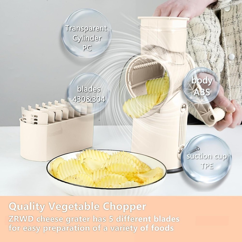 Rotary Cheese Grater with Handle Vegetable Shredder with 5 Interchangeable Bl...