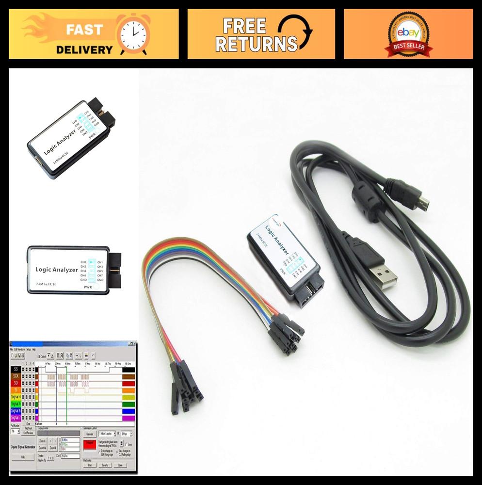 USB Logic Analyzer 8 Channel 24MHz with EMI Ferrite Ring USB Cable - UART IIC SP