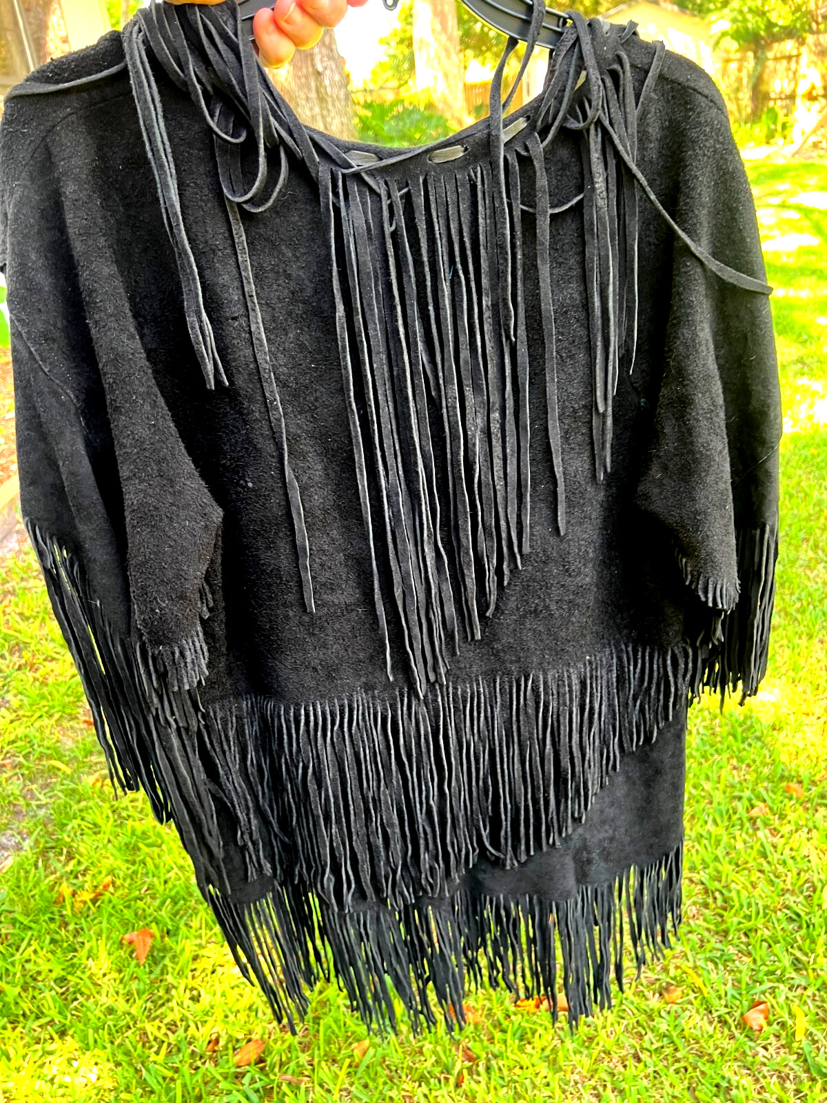 Native American Indian Black Suede Fringe Shawl & Skirt Leather 1970s Vintage!