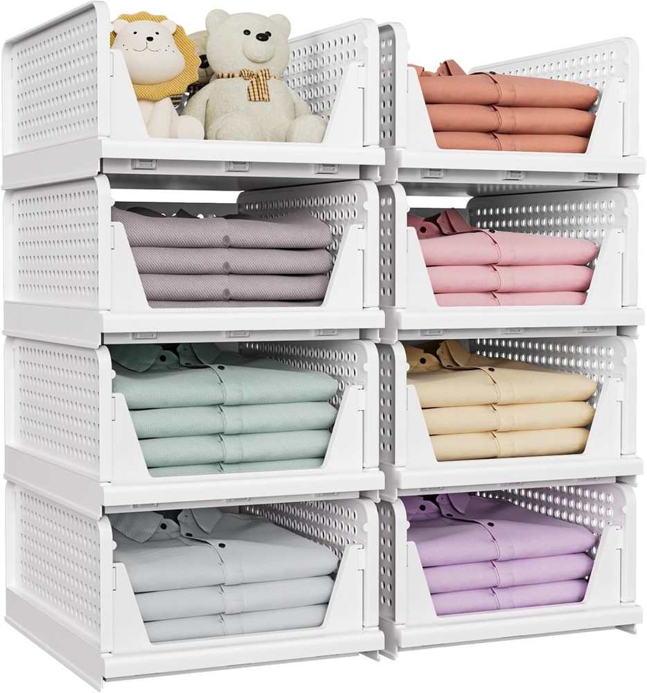 SNSLXH 5 Pack Foldable Closet Storage Baskets Stackable White for Bathroom