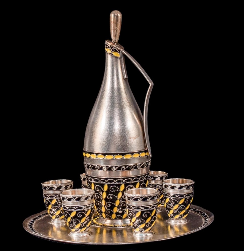 Russian Silver and Enamel Vodka Set with Tray