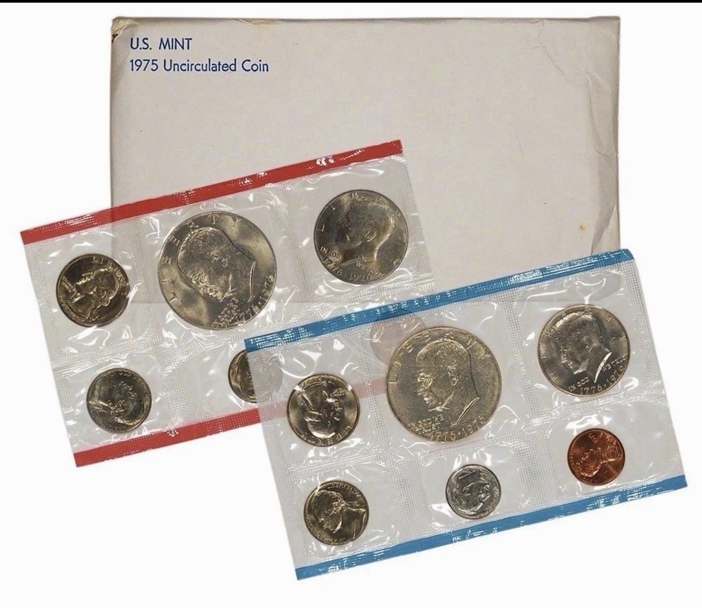 1975 U.S. Mint Uncirculated Coin Set Original Envelope & Cellophane Packaging
