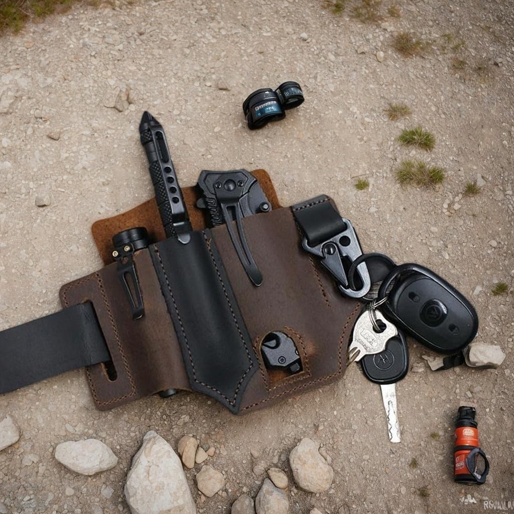 Leather Multitool Holster Belt Pouch Flashlight Pen Keys EDC Knife Sheath