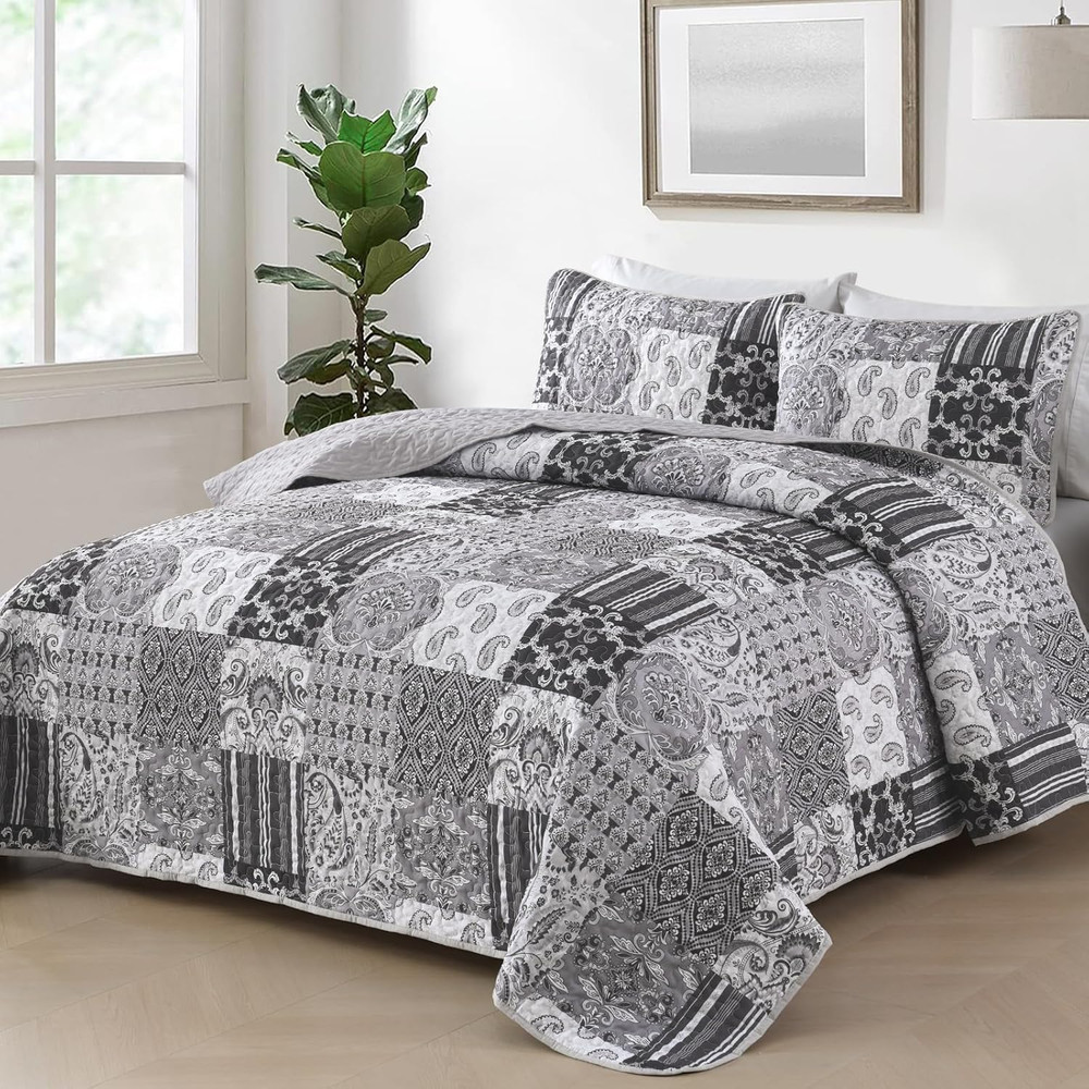 King Size Grey Quilt Set Patchwork Plaid Boho Bedding 3 Piece Bedspread Set