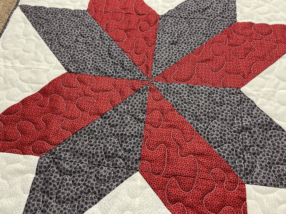 Handmade Quilted Table Topper ~ 23 1/2" square ~ Red, Grey. White