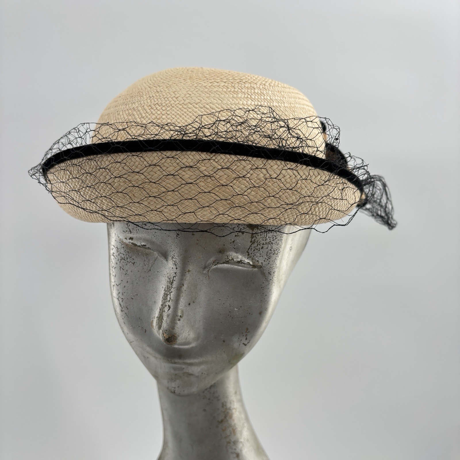 Vtg 60s Genuine Panama Straw Tilt Hat Black Velvet Trim Veil