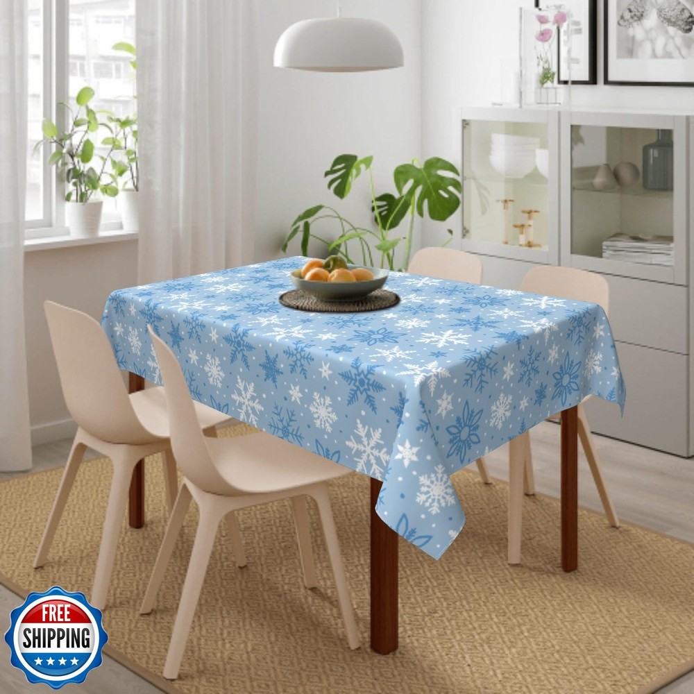 Winter Christmas Rectangular Tablecloth 60x84 Inch Light Blue Whi