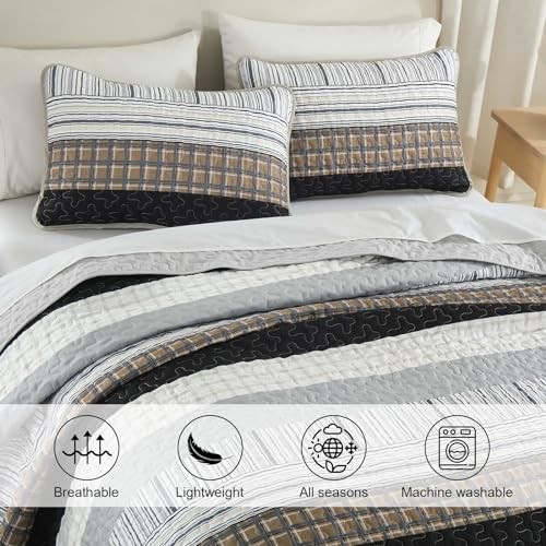 Striped Quilt Set Size Boho Bedspread Set 3 Pieces Patchwork King Brown