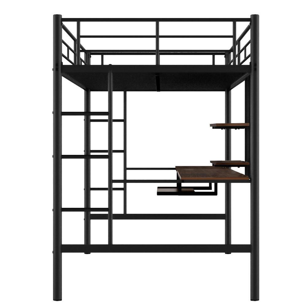Full Size Bed Frame Loft Bed with Desk and Shelf , Space Saving Design Black