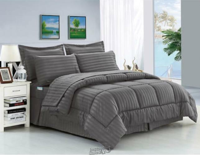 Dobby Stripe 8-pc. Comforter Set bed skirt Sheet Flat Fitted Shams Grey Queen