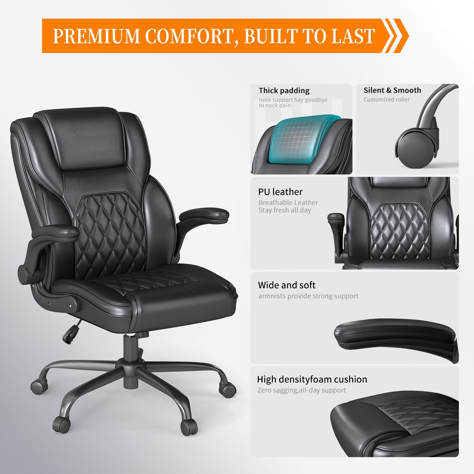Executive Office Chair, Comfy Ergonomic Computer Desk Chairs with Flip-up Black