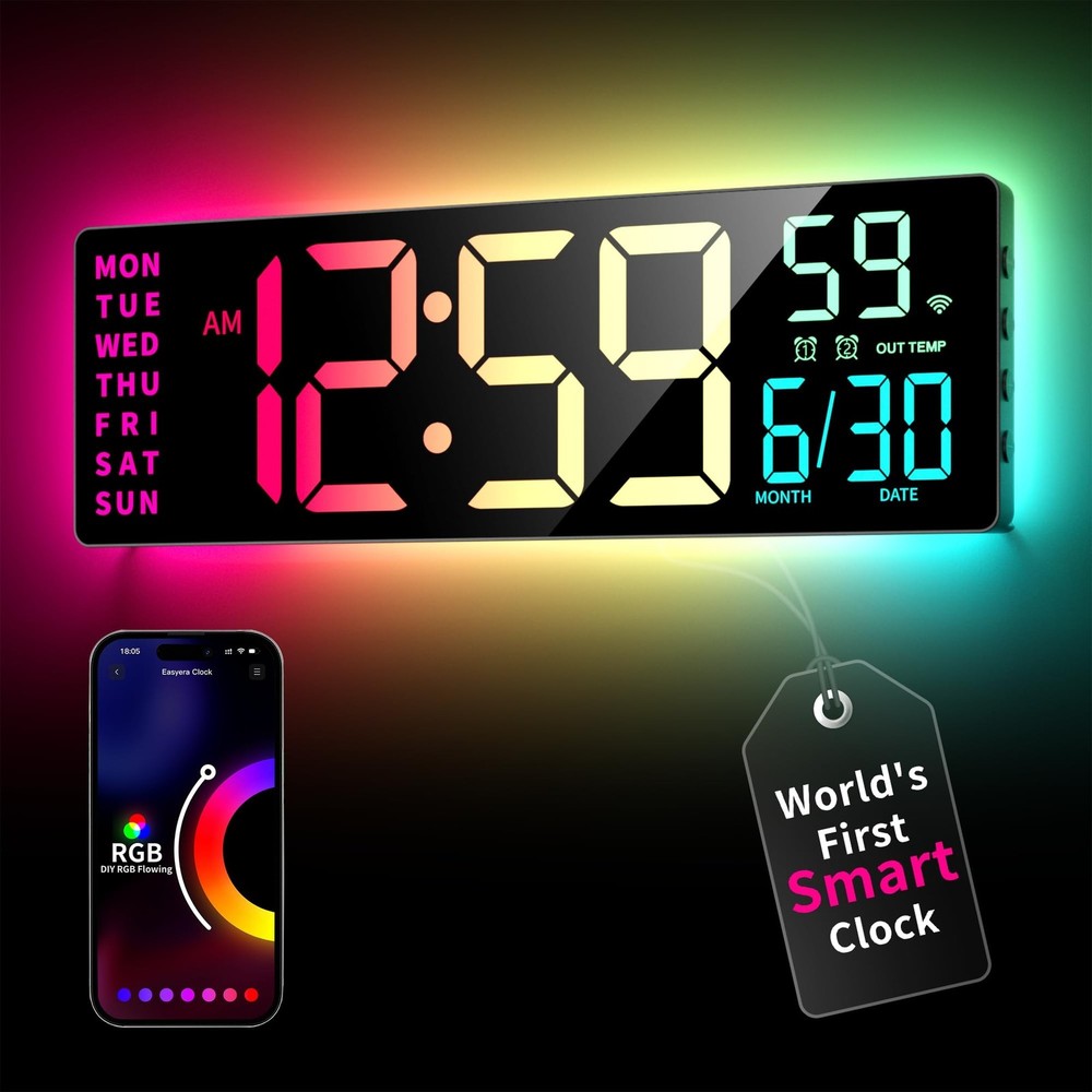 Smart Digital Wall Clock with App Control, 16.5” Large RGBIC Wall Clock wi