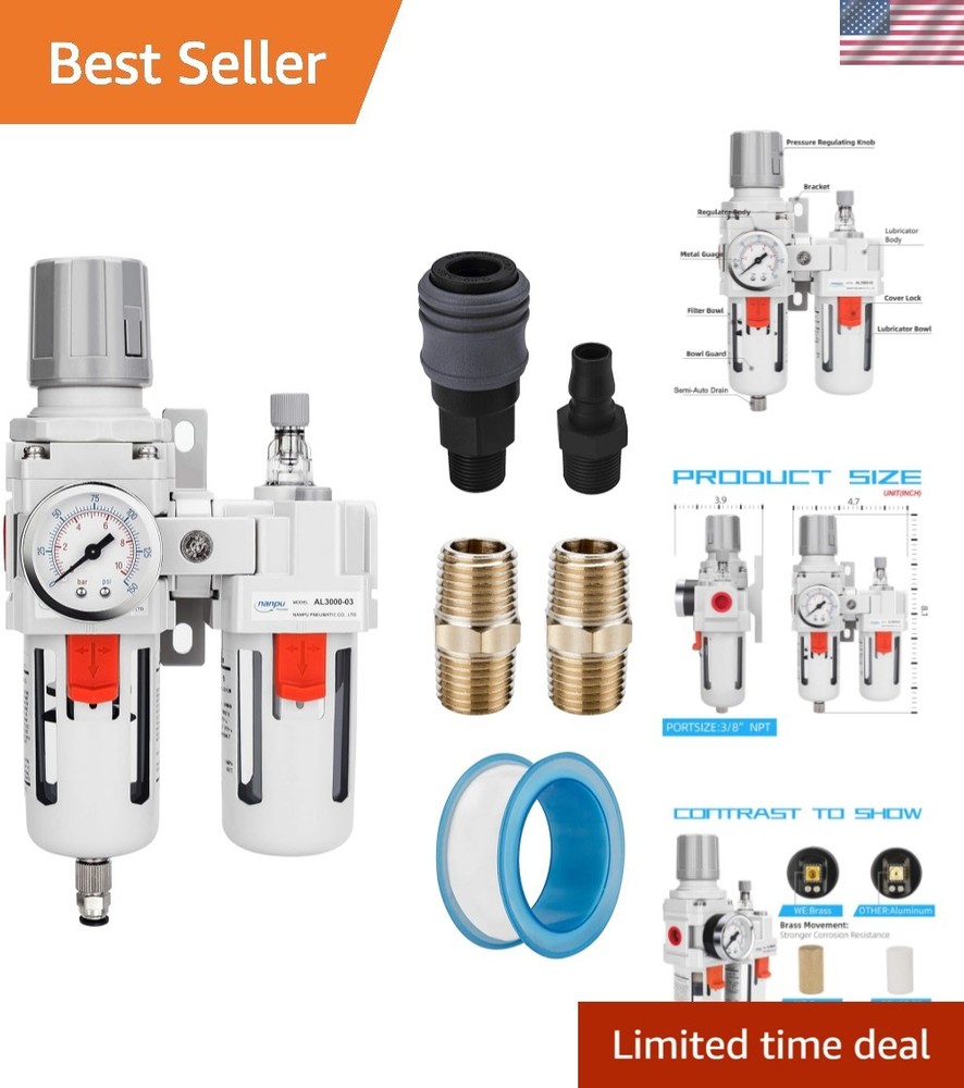 3/8" NPT Compressed Air Filter Regulator Lubricator - Efficient 3-in-1 Combo
