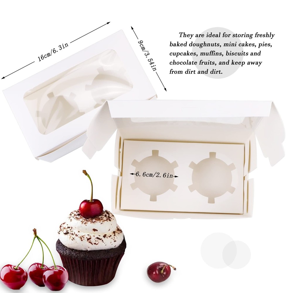 30 Pack White Paper Cupcake Boxes with 2 Cavity Cookie Gift Boxes with Clear ...