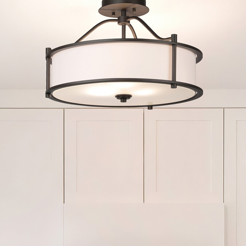 Semi Flush Mount Ceiling Light Bronze Drum Ceiling Light Fabric Shade 3 Light