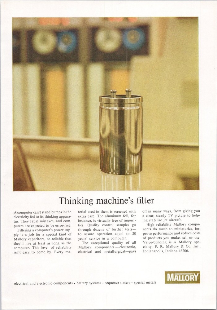 Mallory Original 1965 Vtg Print Ad Thinking Machine Filter Electronic Capacitor